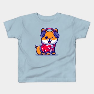 Cute Shiba Inu Dog In Winter Season Cartoon Kids T-Shirt